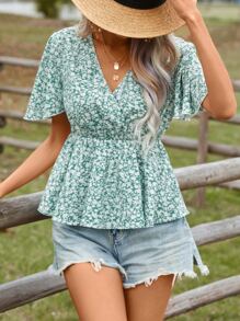 SHEIN VCAY 碎花蝴蝶袖荷葉邊下擺襯衫 - 綠色 - 查看 6