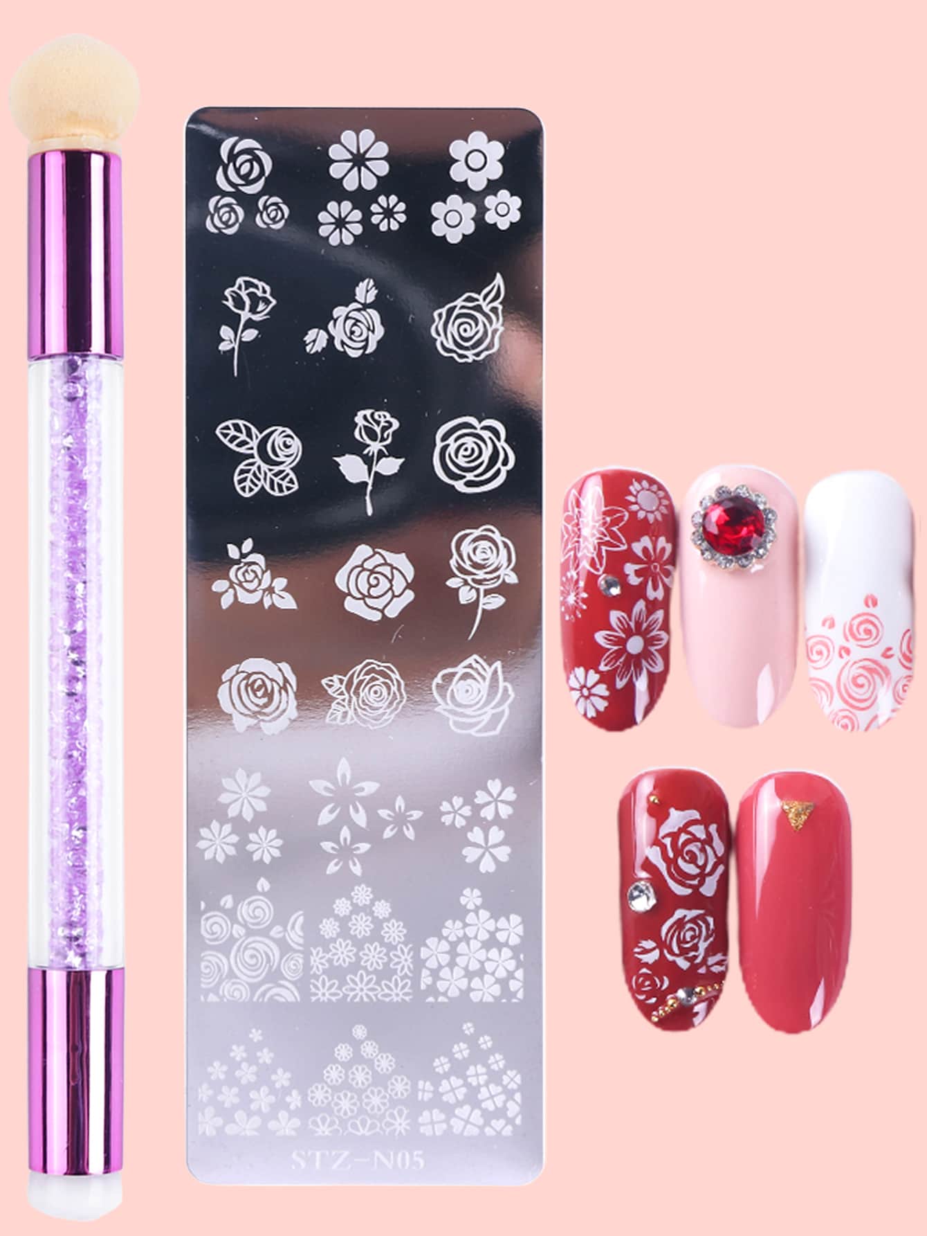 FULL BEAUTY 2pcs Nail Stamping Plate & Sponge Pen Set, Silicone Brush Polish Transfer Stencil