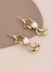 2pcs Star & Moon Decor Hair Clip - Gold - View 1
