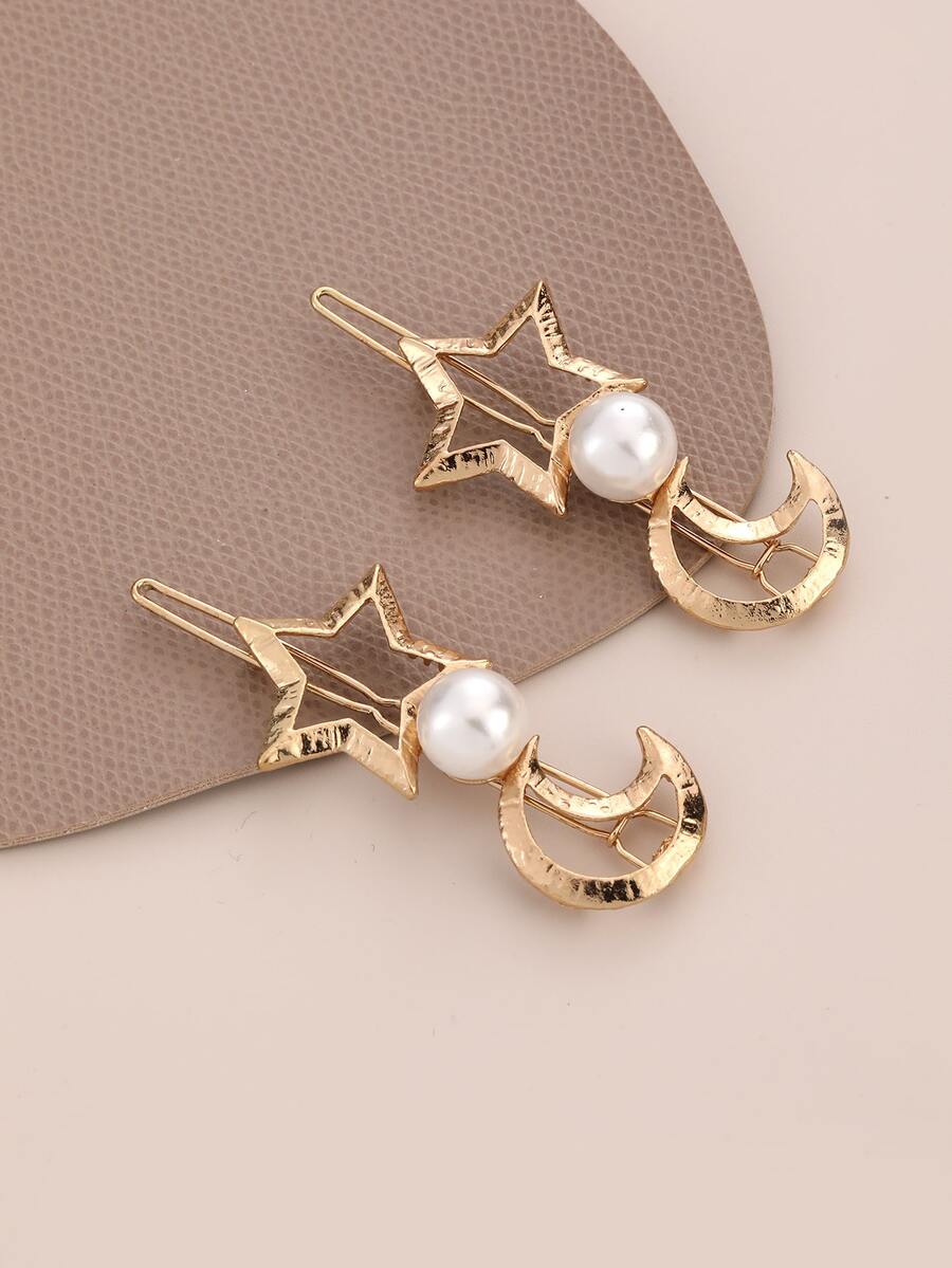 2pcs Star & Moon Decor Hair Clip - Gold - View 1