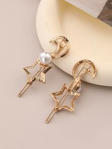 2pcs Star & Moon Decor Hair Clip - Gold - View 2