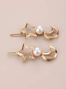 2pcs Star & Moon Decor Hair Clip - Gold - View 4