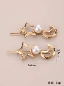 2pcs Star & Moon Decor Hair Clip - Gold - View 5