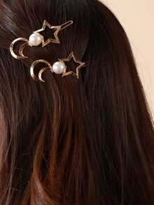 2pcs Star & Moon Decor Hair Clip - Gold - View 6