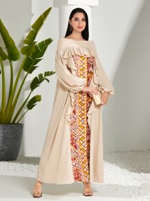 Modelyn Geo Print Ruffle Trim Lantern Sleeve Dress - Apricot - View 1