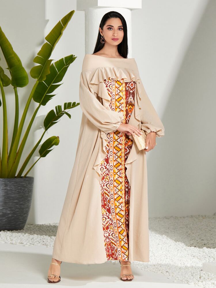 Geo Print Ruffle Trim Lantern Sleeve Dress