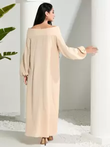 Modelyn Geo Print Ruffle Trim Lantern Sleeve Dress - Apricot - View 2