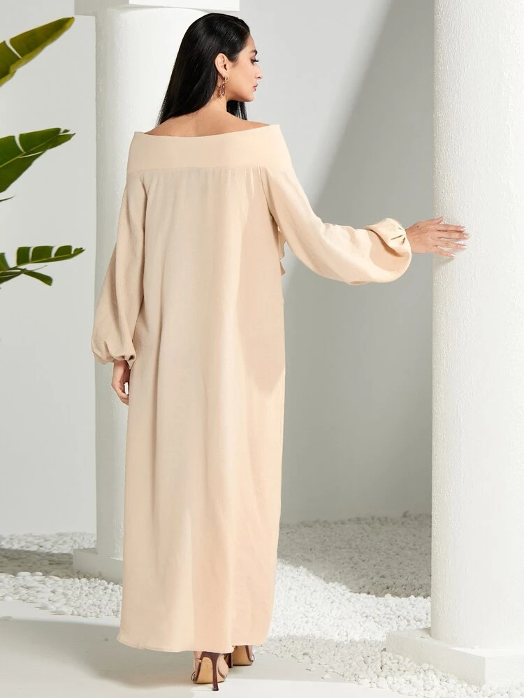 Geo Print Ruffle Trim Lantern Sleeve Dress