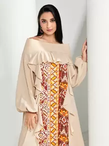 Modelyn Geo Print Ruffle Trim Lantern Sleeve Dress - Apricot - View 3