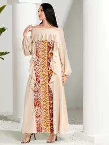 Modelyn Geo Print Ruffle Trim Lantern Sleeve Dress - Apricot - View 4