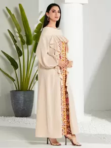 Modelyn Geo Print Ruffle Trim Lantern Sleeve Dress - Apricot - View 5