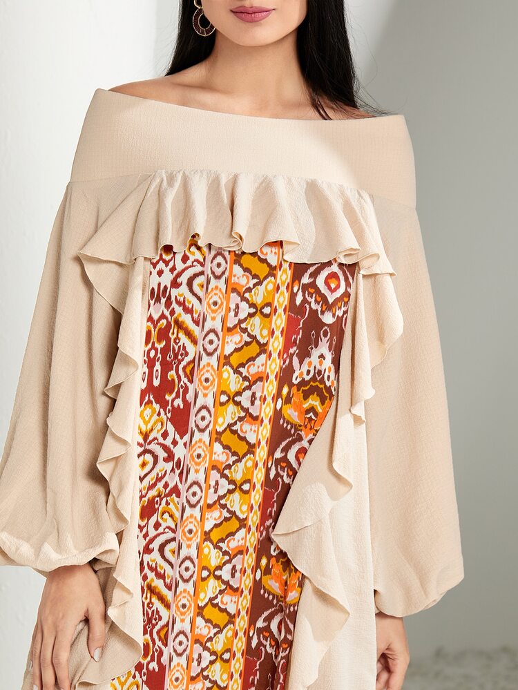 Geo Print Ruffle Trim Lantern Sleeve Dress