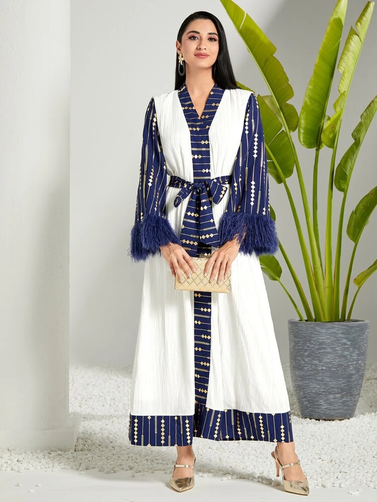 Contrast Trim Fringe Belted Dress Long Evening Dresses