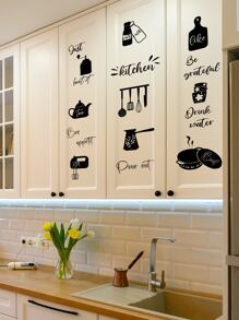 1pc PVC Kitchen Sticker, Cartoon Kitchenware Pattern Black Decorative Wall Sticker For Kitchen, Stickers, Wall Decal, Vinyl Decal For Home Decorations, Spring Decoration Items Refresh Your Home, Rama Decoration Stickers - Black - View 3