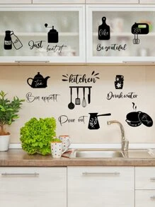 1pc PVC Kitchen Sticker, Cartoon Kitchenware Pattern Black Decorative Wall Sticker For Kitchen, Stickers, Wall Decal, Vinyl Decal For Home Decorations, Spring Decoration Items Refresh Your Home, Rama Decoration Stickers - Black - View 4