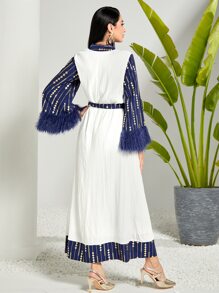 Modelyn Contrast Trim Fringe Belted Dress Long Evening Dresses - Blue and White - View 2