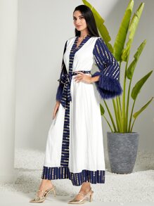 Modelyn Contrast Trim Fringe Belted Dress Long Evening Dresses - Blue and White - View 4