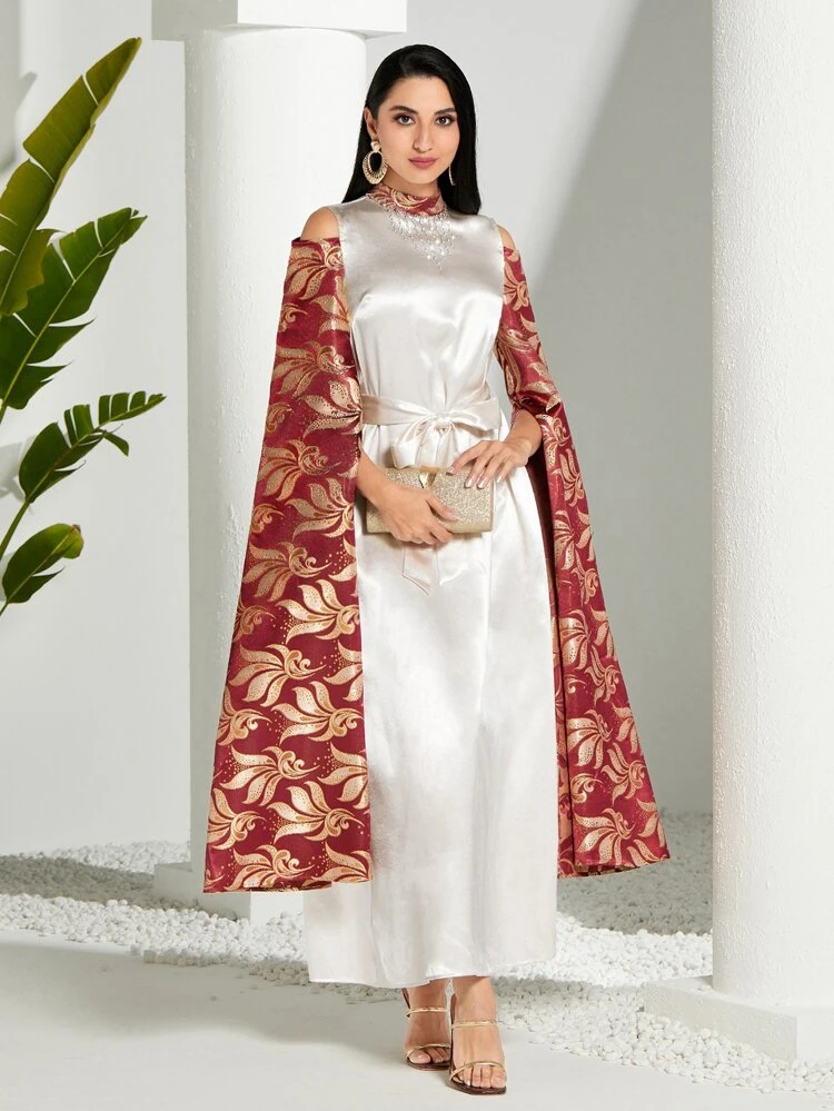 Gold Floral Print Cloak Sleeve Belted Dress Long Evening Dresses