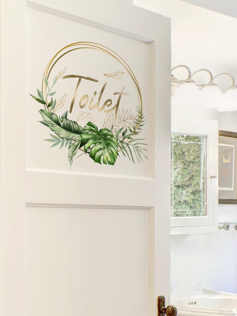 1pc Tropical Leaf & Letter Graphic Door Sticker, PVC Waterproof Door Decal For Home - Multicolor - View 1