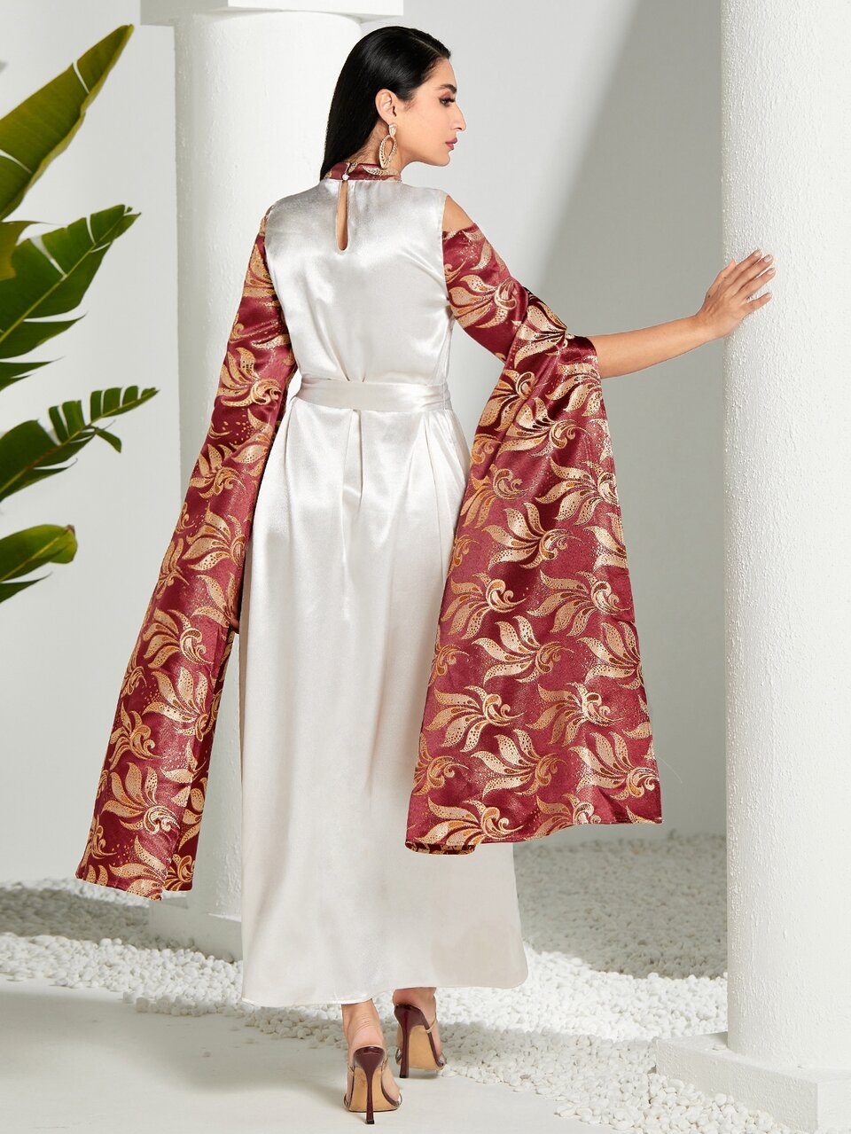 Gold Floral Print Cloak Sleeve Belted Dress Long Evening Dresses