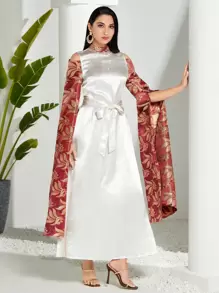 Modelyn 燙金花朵印花斗篷袖繫腰帶連衣裙 - 彩色 - 查看 4