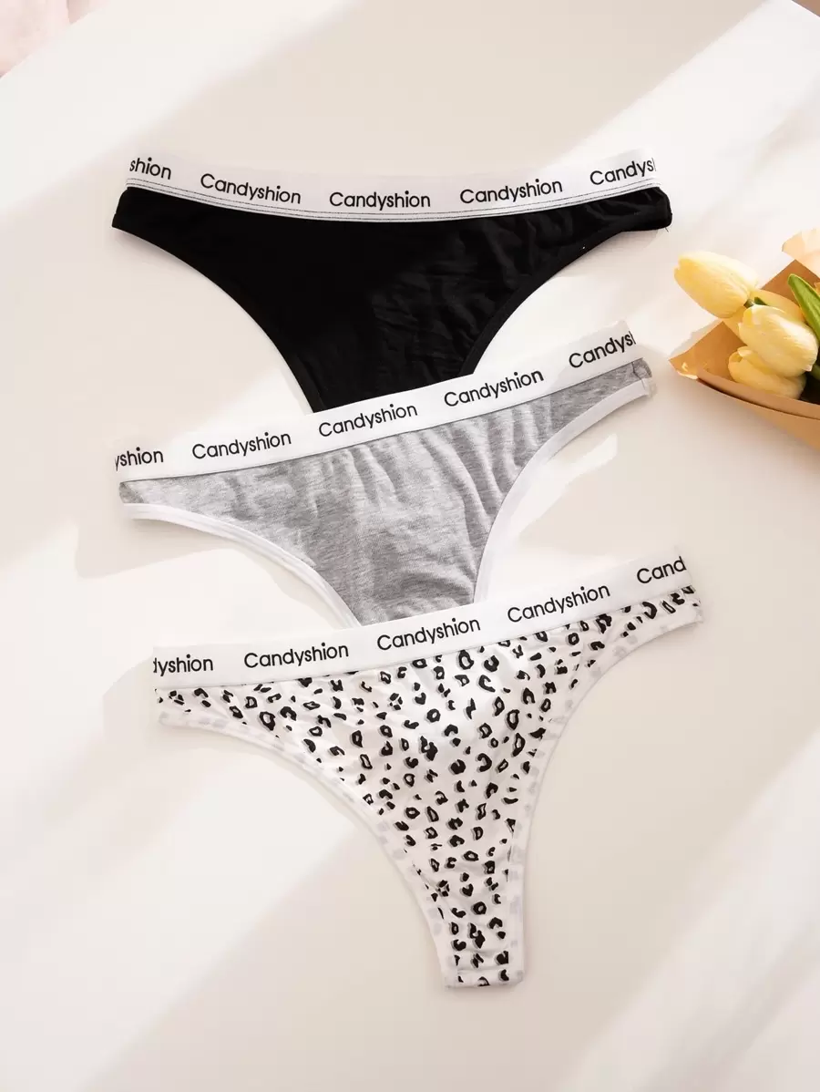 瑜伽 3 条装豹纹字母胶带性感内裤套装运动 - 彩色 - 查看 1