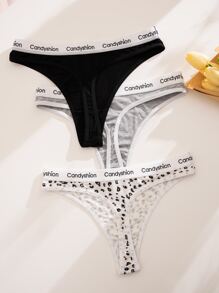 瑜伽 3 条装豹纹字母胶带性感内裤套装运动 - 彩色 - 查看 2