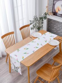 1入組胡蘿蔔和兔子圖案桌子卡通滌綸動物印花長方桌布 - 彩色 - 查看 1