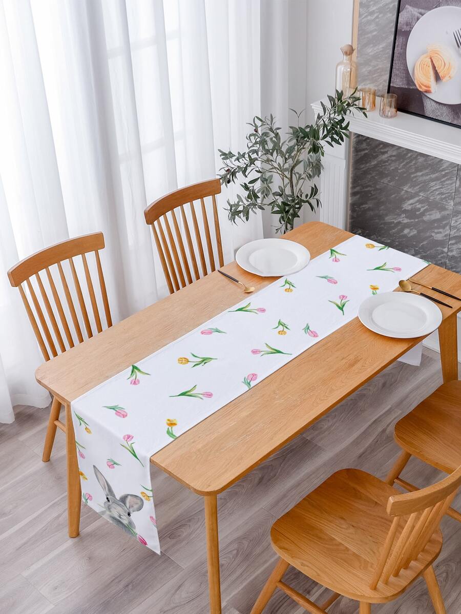 1入組胡蘿蔔和兔子圖案桌子卡通滌綸動物印花長方桌布 - 彩色 - 查看 1