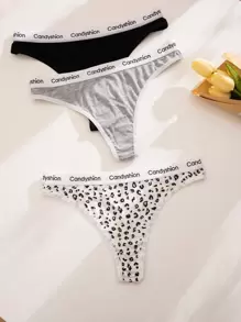 瑜伽 3 条装豹纹字母胶带性感内裤套装运动 - 彩色 - 查看 4