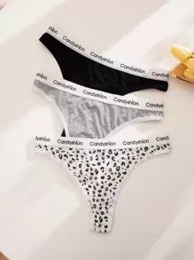 瑜伽 3 条装豹纹字母胶带性感内裤套装运动 - 彩色 - 查看 5