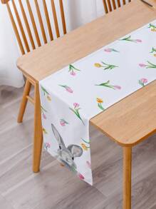 1入組胡蘿蔔和兔子圖案桌子卡通滌綸動物印花長方桌布 - 彩色 - 查看 3