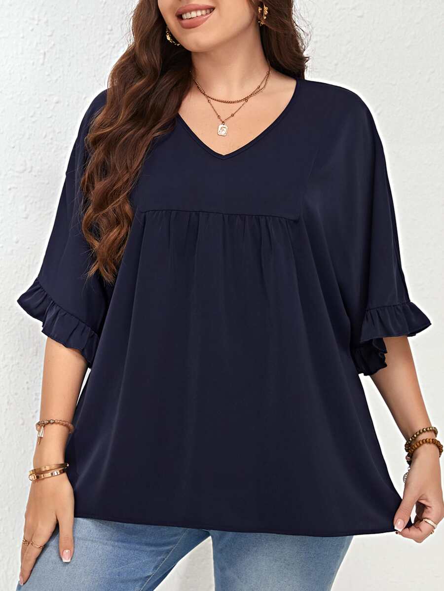 EMERY ROSE Plus Solid Flounce Sleeve Blouse - Navy Blue - View 1