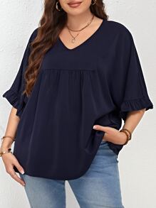 EMERY ROSE Plus Solid Flounce Sleeve Blouse - Navy Blue - View 3