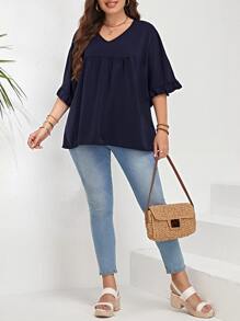 EMERY ROSE Plus Solid Flounce Sleeve Blouse - Navy Blue - View 4