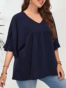 EMERY ROSE Plus Solid Flounce Sleeve Blouse - Navy Blue - View 5