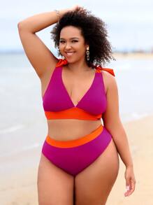 SHEIN Swim Curve 大尺碼對比邊飾帶式比基尼套裝泳衣，夏日沙灘必備 - 玫紅色 - 查看 3