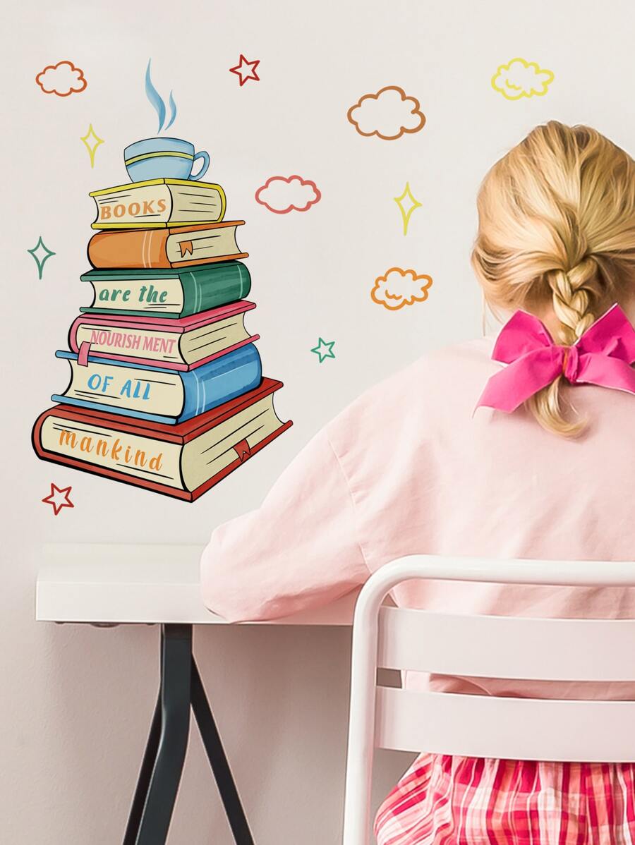 1片PVC墙贴，创意字母和书籍图案自粘墙贴，适用于客厅、卧室 - 彩色 - 查看 1