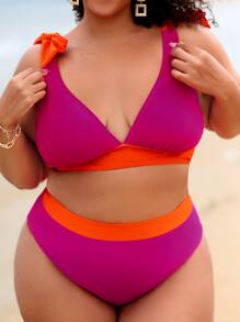 SHEIN Swim Curve 大尺碼對比邊飾帶式比基尼套裝泳衣，夏日沙灘必備 - 玫紅色 - 查看 4