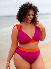 SHEIN Swim Curve 大尺碼對比邊飾帶式比基尼套裝泳衣，夏日沙灘必備 - 玫紅色 - 查看 5