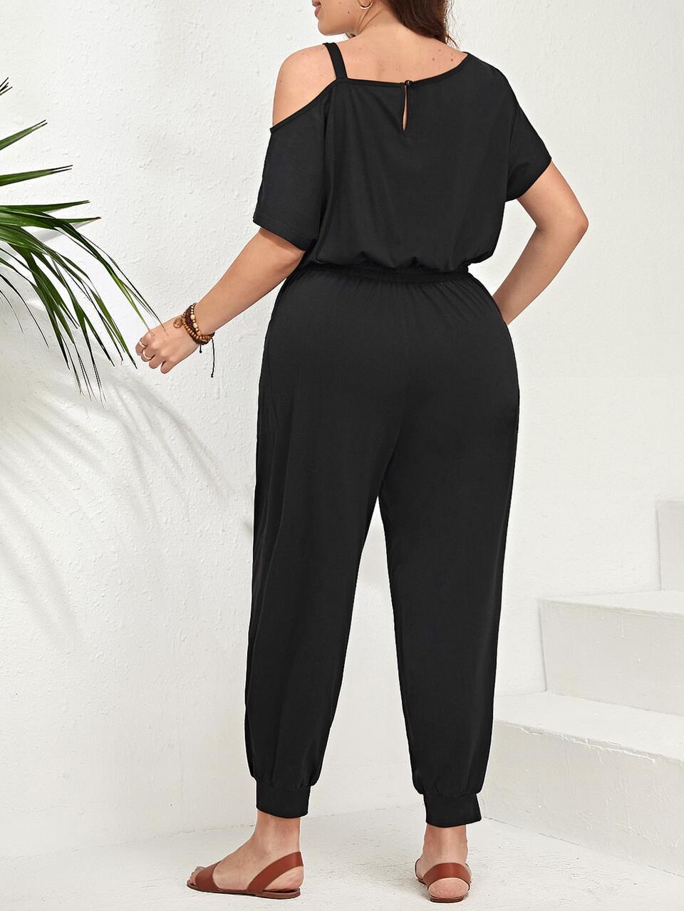 Plus Asymmetrical Neck Slant Pocket Jumpsuit