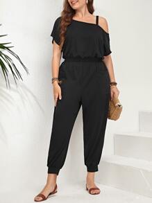 SHEIN LUNE 大碼不對稱領斜口袋連身褲 - 黑色 - 查看 4