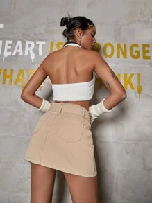 Y2K Street Solid Cao Cấp Đau Khổ Nguyên Cạnh Khóa Thắt Lưng Hàng Hóa Giặt Denim Mini Váy - Màu Khaki - Xem 2