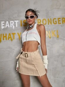 Y2K Street Solid Cao Cấp Đau Khổ Nguyên Cạnh Khóa Thắt Lưng Hàng Hóa Giặt Denim Mini Váy - Màu Khaki - Xem 4
