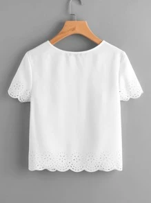 SHEIN LUNE Solid Laser Cut Scalloped Top - White - View 3
