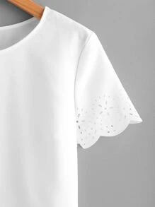 SHEIN LUNE Solid Laser Cut Scalloped Top - White - View 4