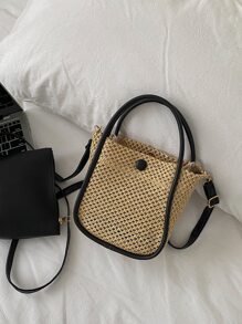 迷你撞色滾邊草編包 - 黑色 - 查看 1