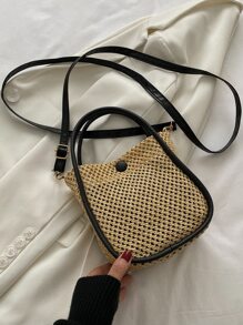 迷你撞色滾邊草編包 - 黑色 - 查看 2