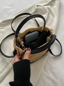 迷你撞色滾邊草編包 - 黑色 - 查看 4