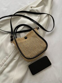 迷你撞色滾邊草編包 - 黑色 - 查看 5